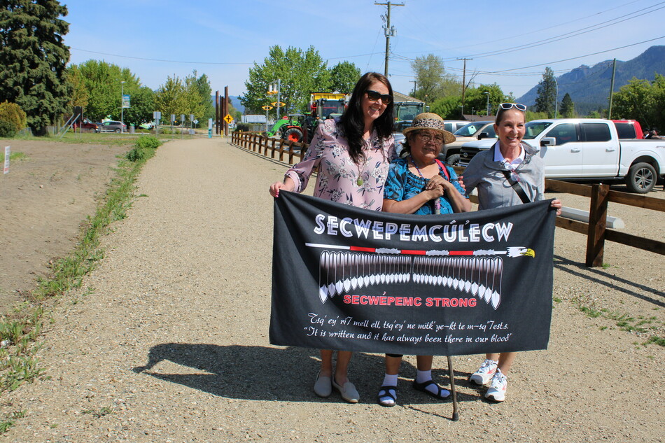 Enderby Councillor Tundra Baird, Splatsin te Secwépemc Tkwamipla7 Edna Felix and Sicamous Mayor Colleen Anderson stand together on the Splatsin-Enderby pilot section of the Shuswap North Okanagan Rail Trail. The grand opening was held May 10.